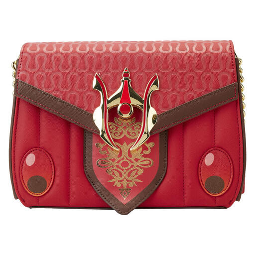 Red crossbody bag with quilted details and designs from Queen Amidala's throne room, including a metal rivet in the shape of her headdress. 